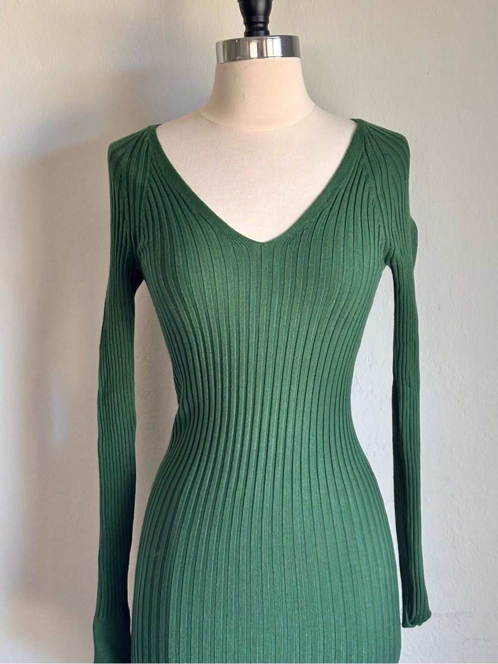 Mango Forest Green Ribbed V-Neck Midi Sweater, XS